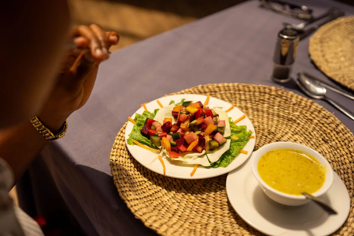 Lunch at the table at Mvuli Farm Lodge